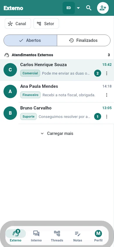 Lista de atendimentos externos no aplicativo móvel do MVP