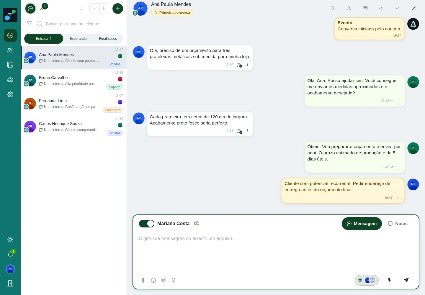 MVP Web aberto no navegador, com fila de clientes, conversa e nota interna lado a lado
